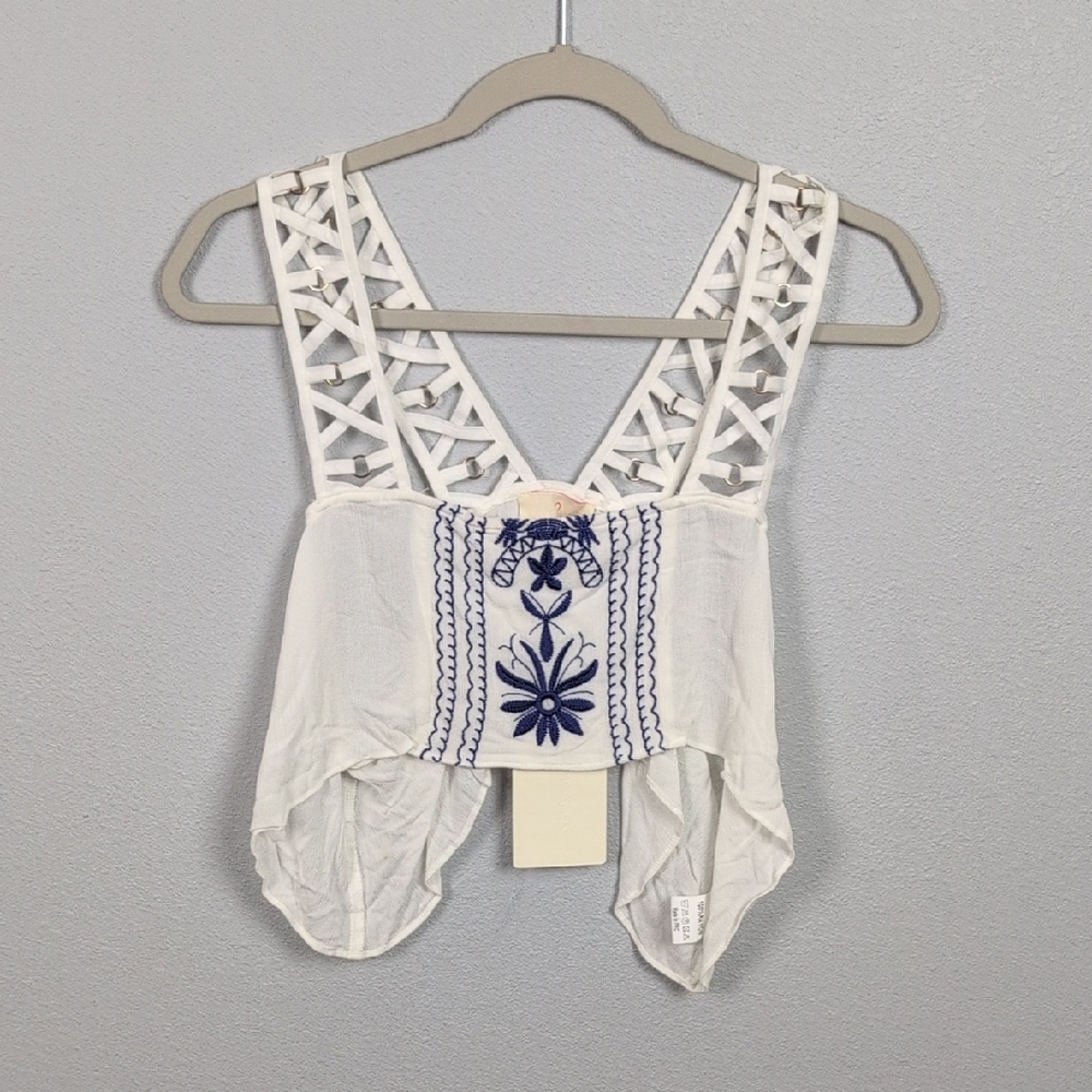 White and Blue Asymmetrical Cropped Tank Top